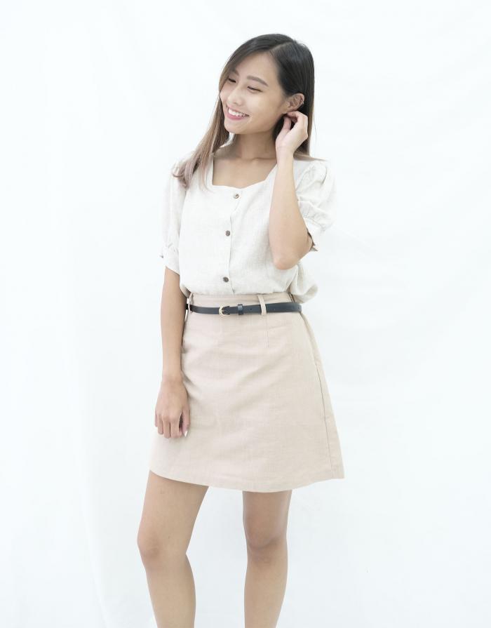 [KR] Linen Mini Skirt with Belt Biege
