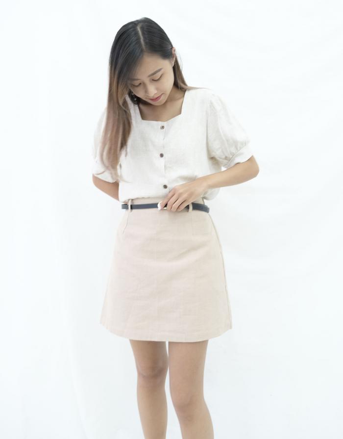 [KR] Linen Mini Skirt with Belt Biege