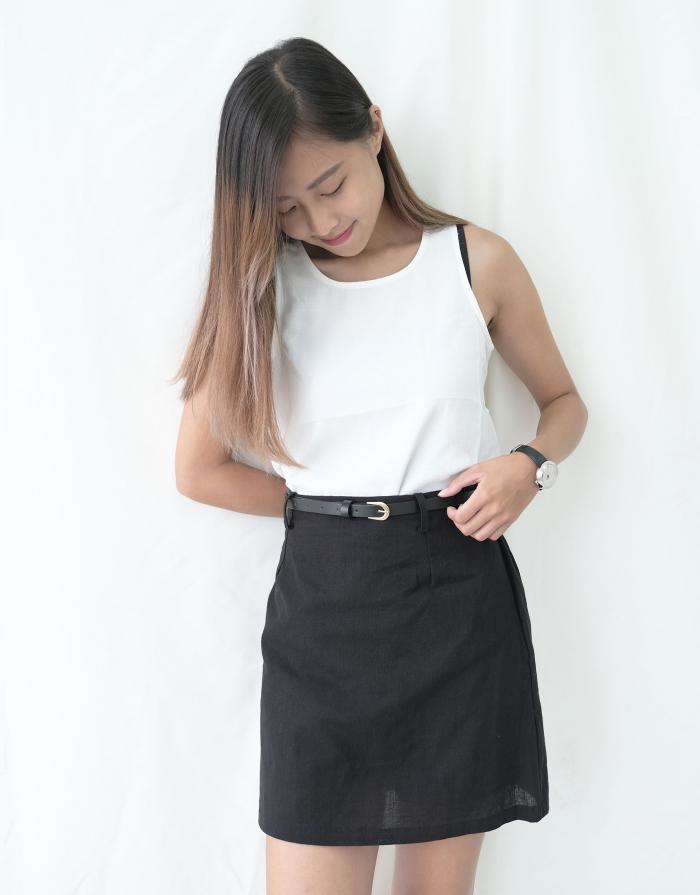 [KR] Linen Mini Skirt with Belt Black